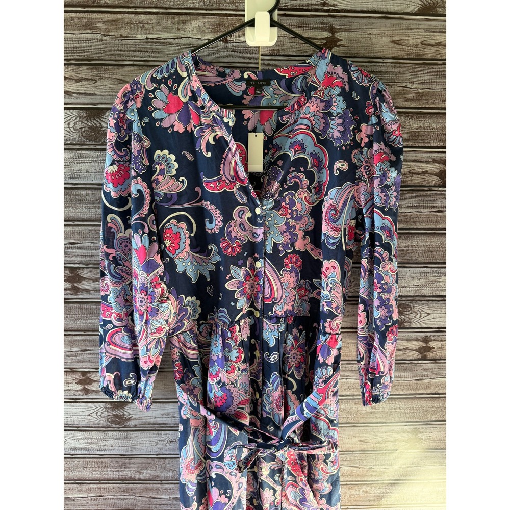Talbots Women's Long-Sleeved Midi Dress Sz 14 Navy Blue Paisley Belt Pockets NWT